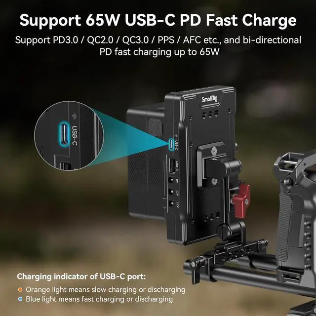 Alt view image 3 of 7 - V Mount Battery Adapter Plate with PD 65W USB-C Quick Charger, QC Protocol USB-A, D-TAP, 8V & 12V DC Port, 15 mm Rod Clamp and Adjustable Arm, for Sony for Canon Cameras & Camcorders