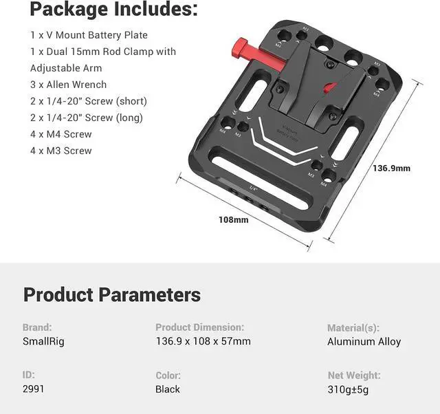 Alt view image 7 of 7 - V Mount Battery Plate, V-Lock Mount Battery Plate with 15mm Rod Clamp & Adjustable Arm for Power Supply - 2991