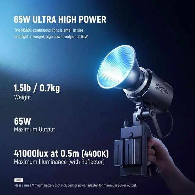 Alt view image 2 of 7 - MS60C RGBWW LED Video Light with 2.4G/APP Control, 65W Metal Mini RGB COB Continuous Output Lighting Bowens Mount Handheld Spotlight 2700K-6500K,8300lux/1m, CRI 97+/TLCI 98+,17 Effects + RGBCW