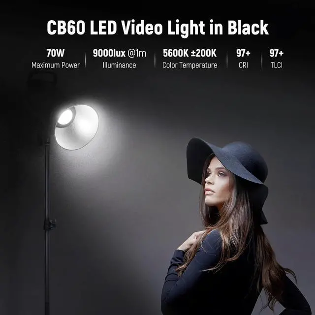 Alt view image 2 of 7 - Upgraded CB60 70W LED Video Light, 5600K Daylight COB Continuous Output Lighting with Bowens Mount/2.4G Remote CRI/TLCI97+ 9000Lux/1m for Studio/Outdoor Photography Videos Recording (Black)