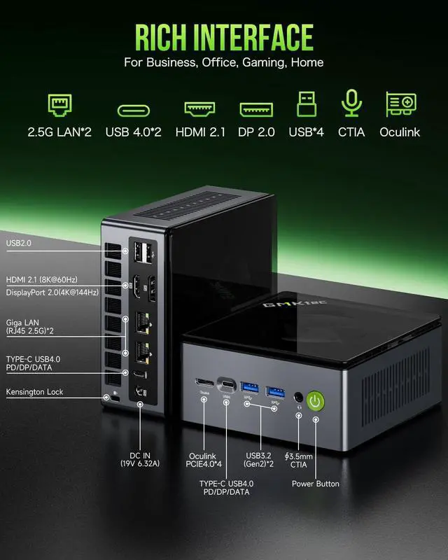 Alt view image 6 of 7 - Gaming Mini PC  Ryzen 9 6950H 32GB DDR5 1TB SSD Windows 11 Pro, Dual NIC LAN 2.5G, WiFi 6, USB3.2, USB-C 4.0, BT5.2, DP, HDMI, Dual Fan