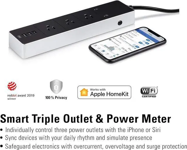 Alt view image 2 of 7 - Eve Energy Strip - Smart Triple Outlet & Power Meter for Apple Home, Built-in Schedules & Switches, Surge Protection, overcurrent Protection, overvoltage Protection, Energy metering