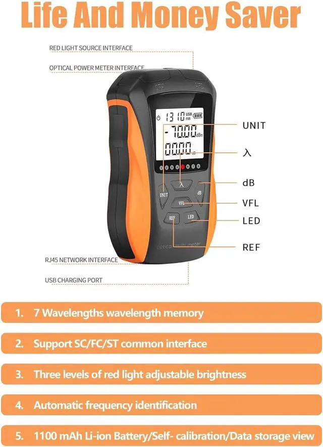 Alt view image 6 of 7 - Power Meter with Visual Fault Locator, Fiber Light Meter with Cable Tester Function and Li-ion Battery USB Charge for FC/SC/ST Universal Interface