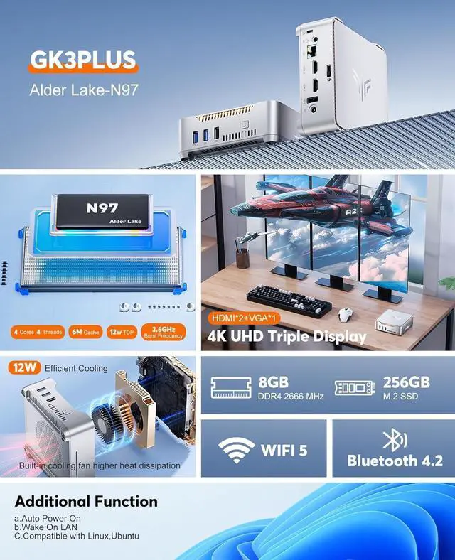 Alt view image 2 of 7 - KAMRUI GK3Plus Mini PC, 12th Gen Alder Lake- N97(up to 3.6GHz), 8GB DDR4 RAM 256GB M.2 SSD, Mini Computer Support 4K Display/USB3.0/WiFi 5/BT4.2/Gigabit Ethernet Mini PC Home/Office