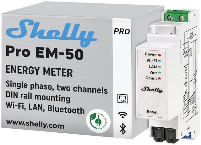 Main image of Shelly Pro EM 50A | Wi-Fi & LAN Energy Meter with Contactor Control | DIN-Rail | Home Automation | Bluetooth Gateway | Compatible with Alexa & Google Home | No Hub Required | Power Monitoring