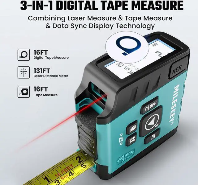Alt view image 2 of 7 - DT20 Laser Tape Measure 3-in-1, 130FT Laser Distance Meter, 16FT Digital Tape Measure, Regular Tape Measure, Area Volume Measuring Pythagorean Mode, Waterproof and Rechargeable