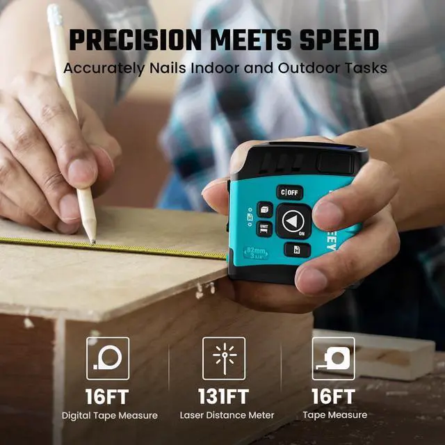 Alt view image 4 of 7 - DT20 Laser Tape Measure 3-in-1, 130FT Laser Distance Meter, 16FT Digital Tape Measure, Regular Tape Measure, Area Volume Measuring Pythagorean Mode, Waterproof and Rechargeable