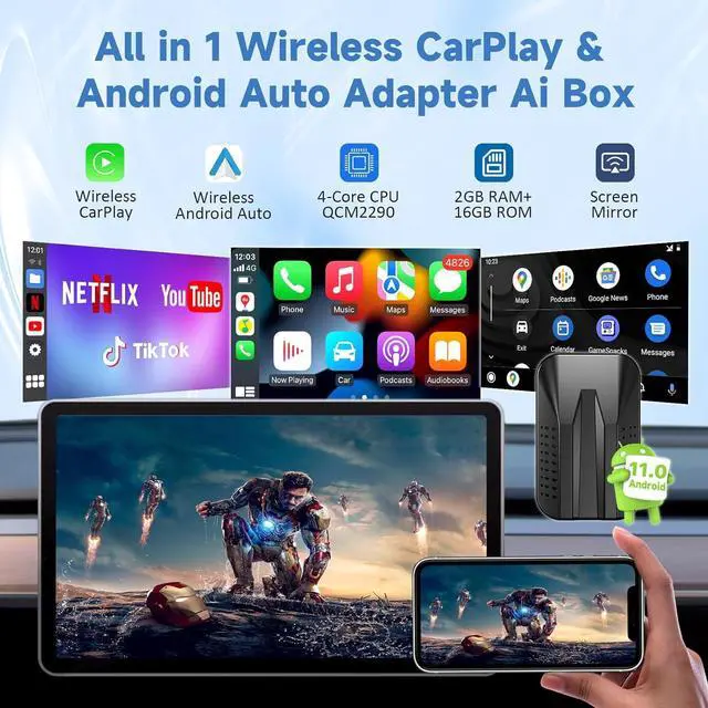 Alt view image 3 of 7 - Wireless CarPlay Adapter is Compatible with Netflix TIKTok YouTube, Android Auto Wireless Adapter for Factory Wired CarPlay Cars, CarPlay Ai Box, TF Card, Mirroring,5GHz WiFi, for iPhone/Android
