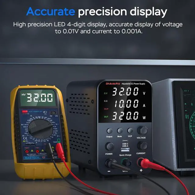 Alt view image 4 of 6 - DC Power Supply Variable, 32V 10A Bench Power Supply with Encoder Knob, 4-Digits Display, Adjustable Regulated lab Power Supply with 5V 3.6A USB & Type-C Quick-Charge, Output Switch