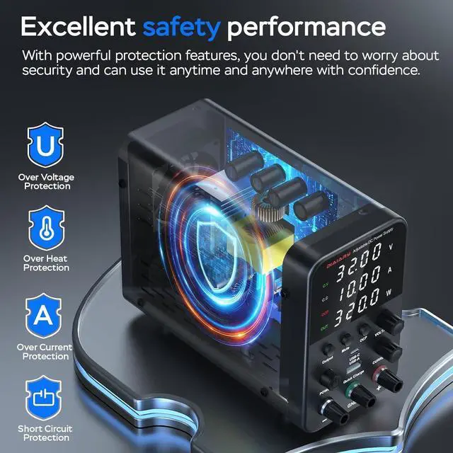 Alt view image 5 of 6 - DC Power Supply Variable, 32V 10A Bench Power Supply with Encoder Knob, 4-Digits Display, Adjustable Regulated lab Power Supply with 5V 3.6A USB & Type-C Quick-Charge, Output Switch