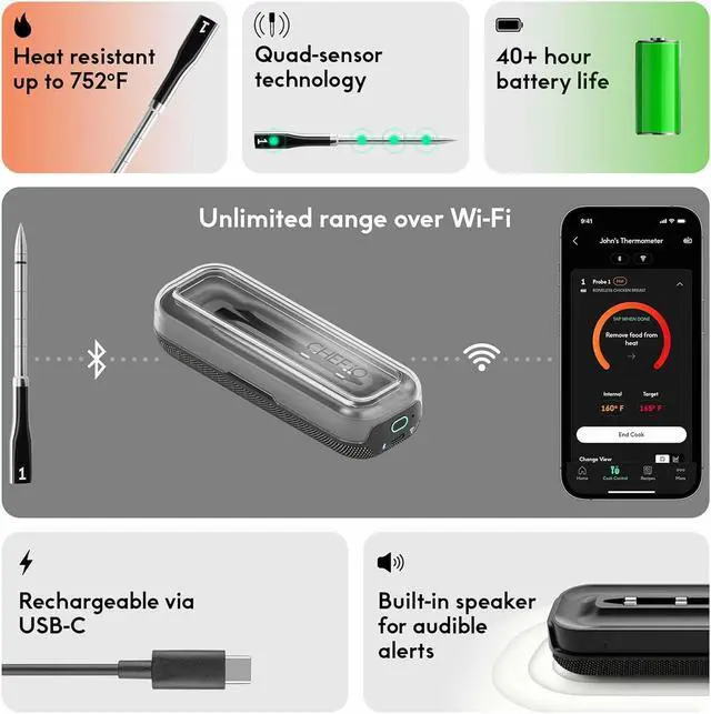 Alt view image 4 of 7 - Sense Smart Wireless Meat Thermometer with Ultra-Thin Probe, Unlimited Range Bluetooth Meat Thermometer, Digital Food Thermometer for Remote Monitoring of BBQ Grill, Oven, Smoker, Air Fryer