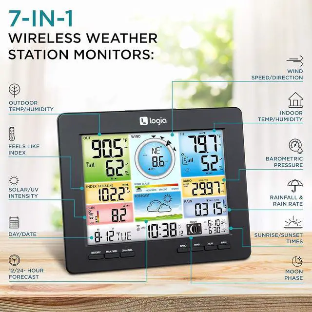 Alt view image 2 of 7 - 18-in-1 Wi-Fi Weather Station with 7-in-1 Solar Sensor Array, Temperature Humidity Wind Speed/Direction Rain UV & More, Wireless Color Console w/Forecast Data, Alarm, Alerts