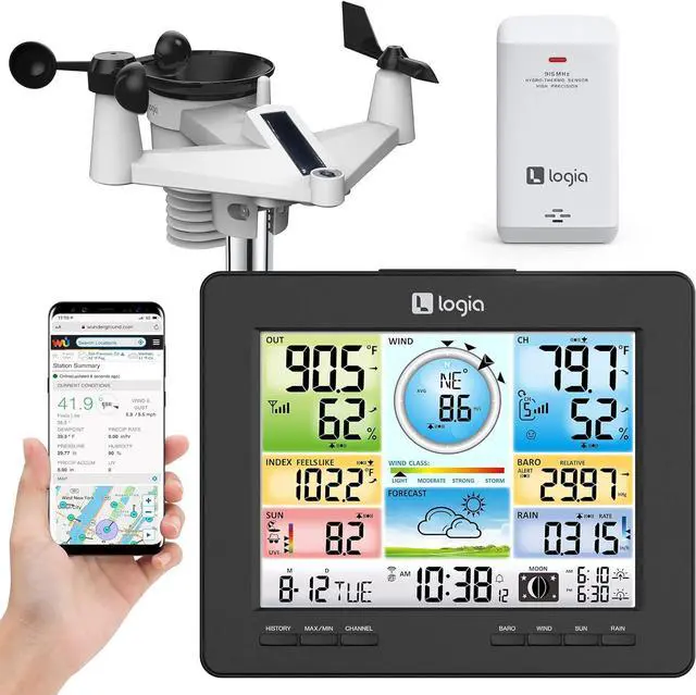 Main image of 18-in-1 Wi-Fi Weather Station with 7-in-1 Solar Sensor Array, Temperature Humidity Wind Speed/Direction Rain UV & More, Wireless Color Console w/Forecast Data, Alarm, Alerts