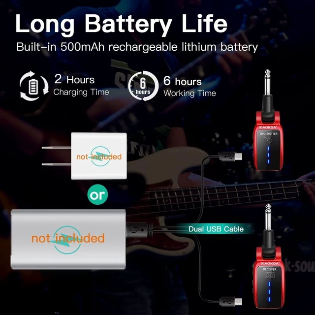Alt view image 6 of 7 - Wireless Guitar System UHF 15-Channel Rechargeable Transmitter & Receiver
