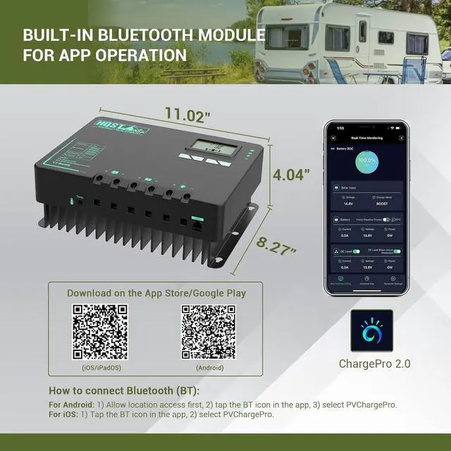 Alt view image 2 of 7 - 60 Amp MPPT Solar Charge Controller 12V/24V/36V/48V Negative Grounded Controller with Built-in Bluetooth and Lithium Battery Low Temperature Protection Function, Support Two Units in Parallel