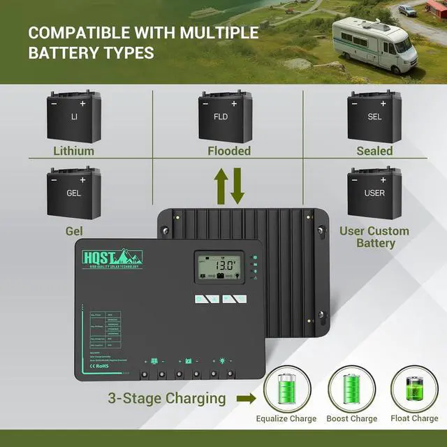 Alt view image 7 of 7 - 60 Amp MPPT Solar Charge Controller 12V/24V/36V/48V Negative Grounded Controller with Built-in Bluetooth and Lithium Battery Low Temperature Protection Function, Support Two Units in Parallel