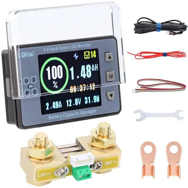 Main image of Coulometer, DC 8-100V 100A Battery Monitor 12V 24V 36V 48V 60V Volt Amp Watt Meter, 2.4 inch LCD Color Screen Capacity Percentage Time Power Voltmeter Ampmeter for RV Solar Panel Battery Charge