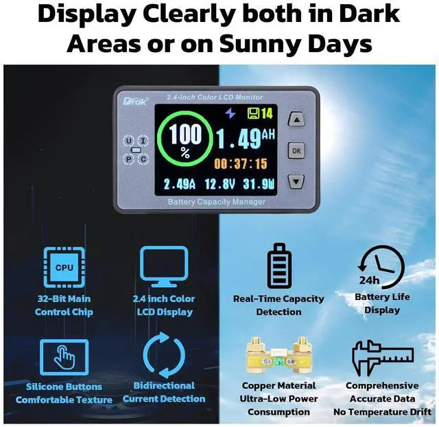 Alt view image 2 of 7 - Coulometer, DC 8-100V 100A Battery Monitor 12V 24V 36V 48V 60V Volt Amp Watt Meter, 2.4 inch LCD Color Screen Capacity Percentage Time Power Voltmeter Ampmeter for RV Solar Panel Battery Charge