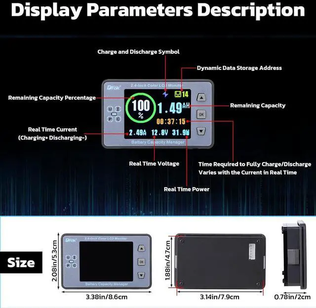 Alt view image 4 of 7 - Coulometer, DC 8-100V 100A Battery Monitor 12V 24V 36V 48V 60V Volt Amp Watt Meter, 2.4 inch LCD Color Screen Capacity Percentage Time Power Voltmeter Ampmeter for RV Solar Panel Battery Charge