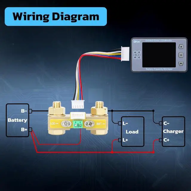 Alt view image 5 of 7 - Coulometer, DC 8-100V 100A Battery Monitor 12V 24V 36V 48V 60V Volt Amp Watt Meter, 2.4 inch LCD Color Screen Capacity Percentage Time Power Voltmeter Ampmeter for RV Solar Panel Battery Charge