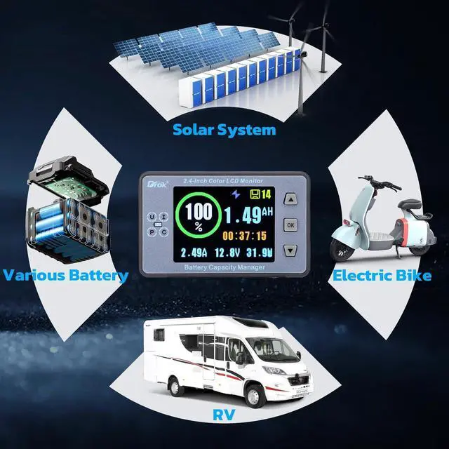 Alt view image 6 of 7 - Coulometer, DC 8-100V 100A Battery Monitor 12V 24V 36V 48V 60V Volt Amp Watt Meter, 2.4 inch LCD Color Screen Capacity Percentage Time Power Voltmeter Ampmeter for RV Solar Panel Battery Charge