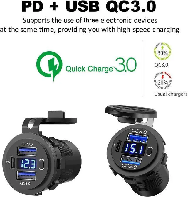 Alt view image 3 of 7 - [5 Pack] 12v USB Outlet, Dual USB Quick Charge 3.0 Port and PD USB C Car Charger Socket Waterproof with Voltmeter and Power Switch for Car Golf Cart Boat Marine Bus Truck RV Marine Motorcycle
