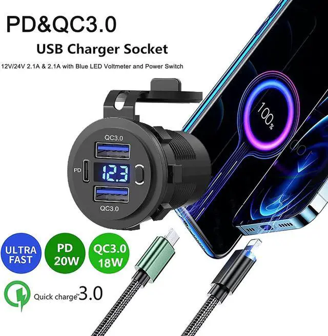 Alt view image 4 of 7 - [5 Pack] 12v USB Outlet, Dual USB Quick Charge 3.0 Port and PD USB C Car Charger Socket Waterproof with Voltmeter and Power Switch for Car Golf Cart Boat Marine Bus Truck RV Marine Motorcycle