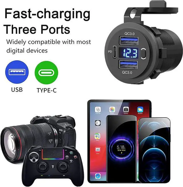 Alt view image 5 of 7 - [5 Pack] 12v USB Outlet, Dual USB Quick Charge 3.0 Port and PD USB C Car Charger Socket Waterproof with Voltmeter and Power Switch for Car Golf Cart Boat Marine Bus Truck RV Marine Motorcycle