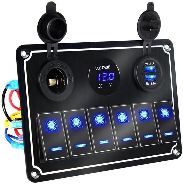 Main image of Waterproof Toggle Switch Panel 6 Gang 12V/24V Aluminum Rocker Switch Panel with Dual USB Charger Socket Voltmeter, Pre-Wired Multi-Function Switch Panel for Automotive RV Truck Vehicles