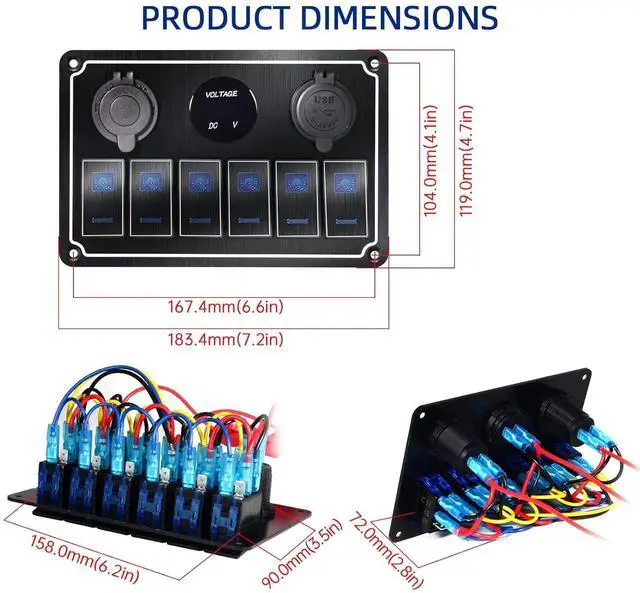 Alt view image 2 of 7 - Waterproof Toggle Switch Panel 6 Gang 12V/24V Aluminum Rocker Switch Panel with Dual USB Charger Socket Voltmeter, Pre-Wired Multi-Function Switch Panel for Automotive RV Truck Vehicles