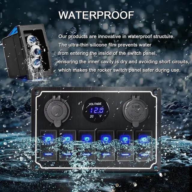 Alt view image 3 of 7 - Waterproof Toggle Switch Panel 6 Gang 12V/24V Aluminum Rocker Switch Panel with Dual USB Charger Socket Voltmeter, Pre-Wired Multi-Function Switch Panel for Automotive RV Truck Vehicles