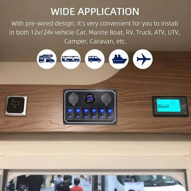 Alt view image 6 of 7 - Waterproof Toggle Switch Panel 6 Gang 12V/24V Aluminum Rocker Switch Panel with Dual USB Charger Socket Voltmeter, Pre-Wired Multi-Function Switch Panel for Automotive RV Truck Vehicles
