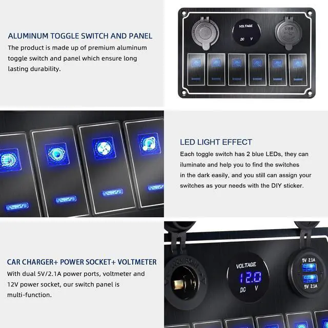 Alt view image 4 of 7 - Waterproof Toggle Switch Panel 6 Gang 12V/24V Aluminum Rocker Switch Panel with Dual USB Charger Socket Voltmeter, Pre-Wired Multi-Function Switch Panel for Automotive RV Truck Vehicles