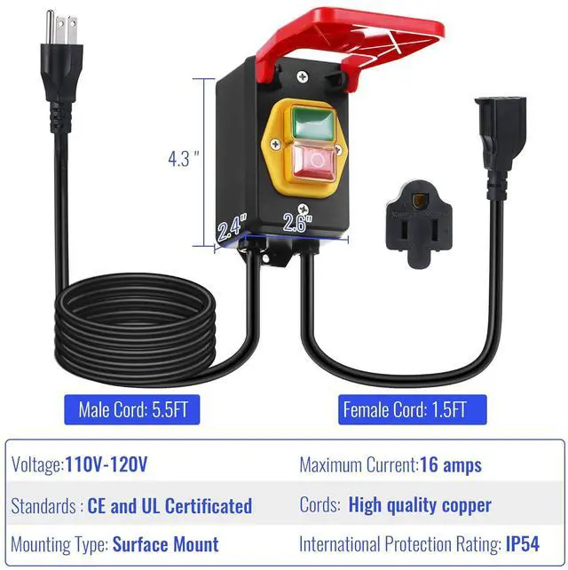 Alt view image 3 of 7 - 110V to 120V Single Phase On/Off Switch, Router Table Switch with Large Stop Sign Paddle Easy Contact for Fast Power Off for Table Saws and Other Electrical Equipment (1 Female Plug,2 Pack)