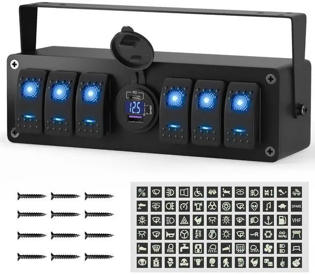 Main image of 6 Gang Rocker Switch Box Waterproof 12V SPST ON/Off lED Light Bar Switch Panel with Dual USB Outlet PD3.0 & QC3.0 Car USB Port for Boat Marine Automotive Car Truck RV UTV
