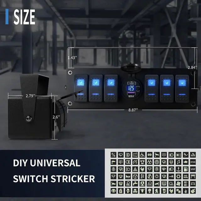 Alt view image 2 of 6 - 6 Gang Rocker Switch Box Waterproof 12V SPST ON/Off lED Light Bar Switch Panel with Dual USB Outlet PD3.0 & QC3.0 Car USB Port for Boat Marine Automotive Car Truck RV UTV