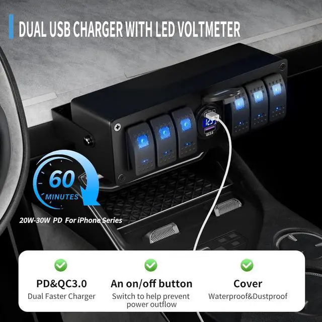 Alt view image 3 of 6 - 6 Gang Rocker Switch Box Waterproof 12V SPST ON/Off lED Light Bar Switch Panel with Dual USB Outlet PD3.0 & QC3.0 Car USB Port for Boat Marine Automotive Car Truck RV UTV