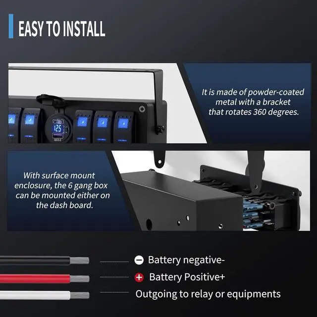 Alt view image 5 of 6 - 6 Gang Rocker Switch Box Waterproof 12V SPST ON/Off lED Light Bar Switch Panel with Dual USB Outlet PD3.0 & QC3.0 Car USB Port for Boat Marine Automotive Car Truck RV UTV