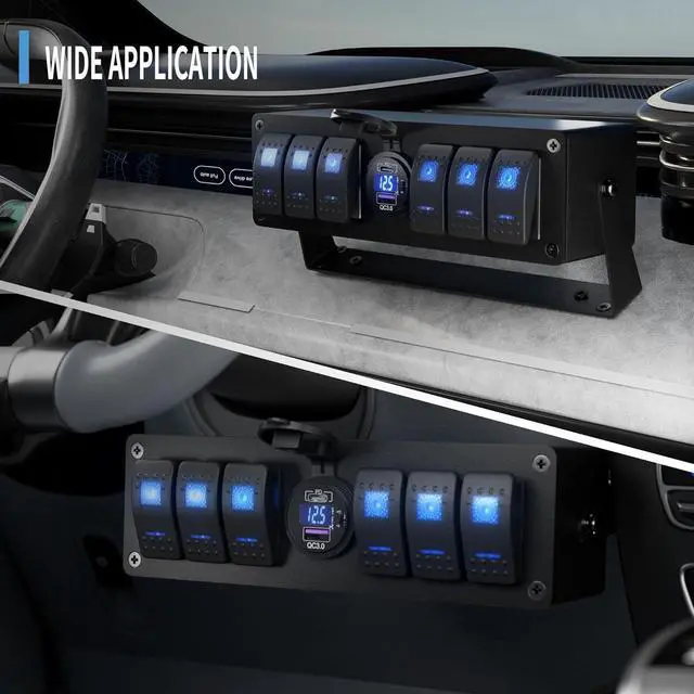 Alt view image 6 of 6 - 6 Gang Rocker Switch Box Waterproof 12V SPST ON/Off lED Light Bar Switch Panel with Dual USB Outlet PD3.0 & QC3.0 Car USB Port for Boat Marine Automotive Car Truck RV UTV