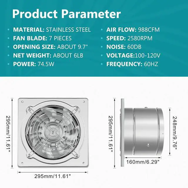 Alt view image 2 of 7 - 10 Inch Metal Exhaust Fan with Switch, Powerful Garage Exhaust Fan with Damper, Potable Wall Mount Fan Fume Extractor Ventilation Fan for Shop, Shed, Basement, Chicken Coop, Silver