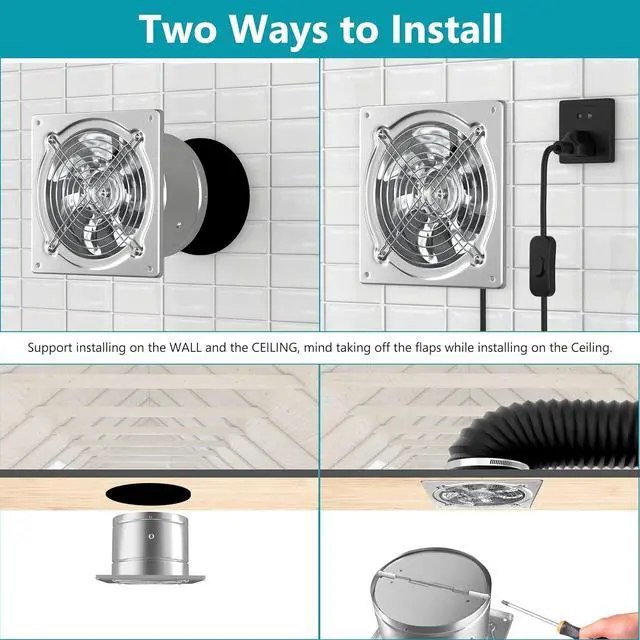 Alt view image 7 of 7 - 10 Inch Metal Exhaust Fan with Switch, Powerful Garage Exhaust Fan with Damper, Potable Wall Mount Fan Fume Extractor Ventilation Fan for Shop, Shed, Basement, Chicken Coop, Silver