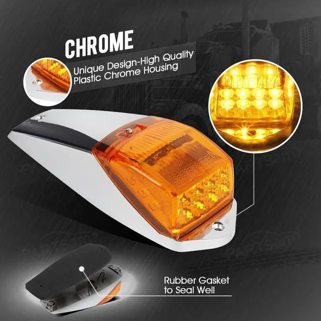 Alt view image 3 of 7 - 5PCS Truck Cab Marker Light 17 LED Amber Top Roof Running Lights w/Chrome Base Truck Trailer Light Replacement for Peterbilt/Kenworth/Freightliner//Mack/Autocar Hayes,DOT Compliant