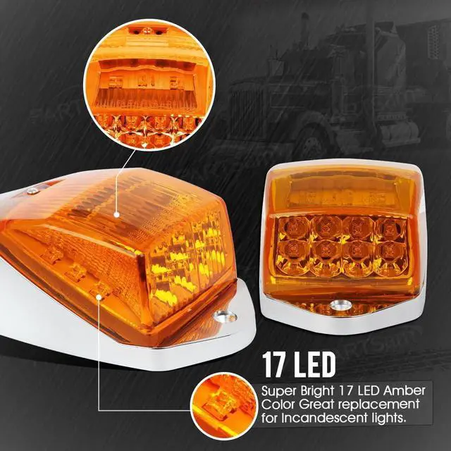 Alt view image 4 of 7 - 5PCS Truck Cab Marker Light 17 LED Amber Top Roof Running Lights w/Chrome Base Truck Trailer Light Replacement for Peterbilt/Kenworth/Freightliner//Mack/Autocar Hayes,DOT Compliant