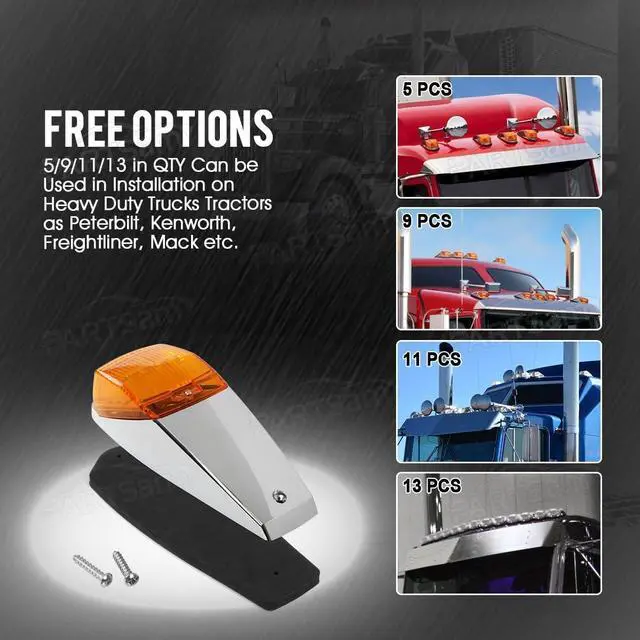 Alt view image 6 of 7 - 5PCS Truck Cab Marker Light 17 LED Amber Top Roof Running Lights w/Chrome Base Truck Trailer Light Replacement for Peterbilt/Kenworth/Freightliner//Mack/Autocar Hayes,DOT Compliant