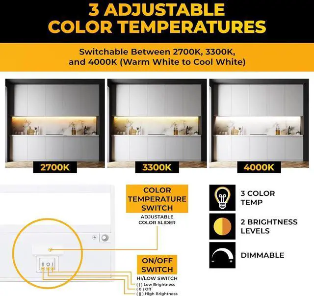 Alt view image 3 of 7 - LED Under Cabinet Lighting Hardwired - 3CCT 12 Inch White Finish - Undercabinet Lights for Kitchen - Linkable Undercounter Dimmable Plug in Light or Hard Wired - Under Counter Fixture Direct Wire