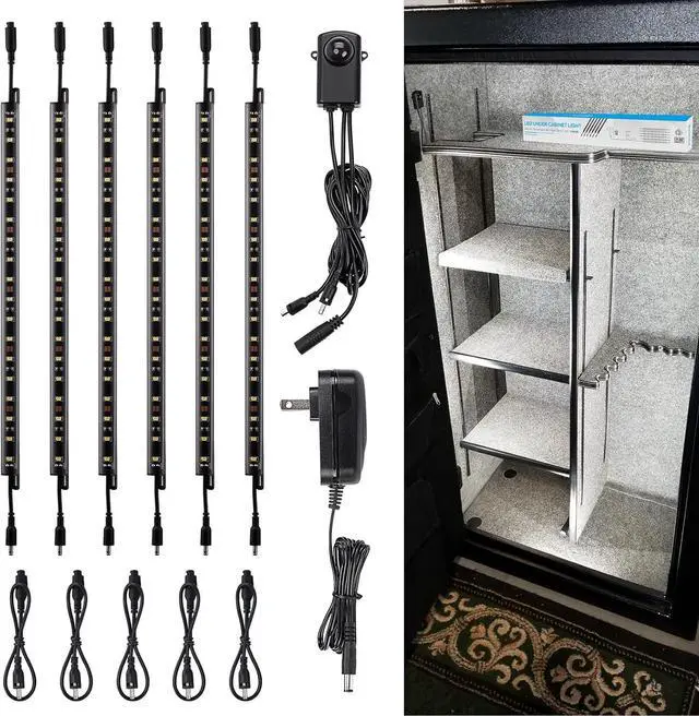 Main image of LED Safe Lighting Kit, (6) 12 Inch Linkable Light Bars + Motion Sensor + UL Power Adapter, 900LM, Input 100-240V, for Under Cabinet Gun Safe Locker Closet Showcase, 5000K Daylight
