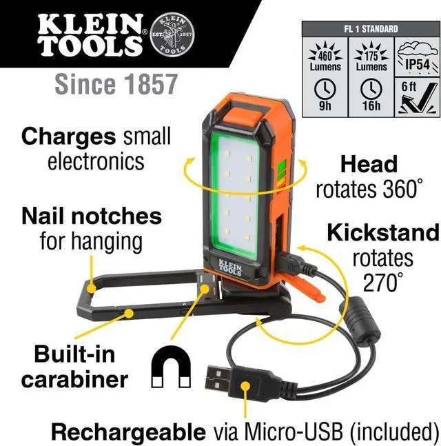 Alt view image 2 of 7 - 56403 LED Light, Rechargeable Flashlight / Worklight with Kickstand and Carabiner, Charges Small Electronics, for Work, Camping