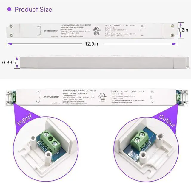 Alt view image 2 of 7 - 100W Dimmable LED Driver Transformer, Power Supply 100-277V AC to 12V DC, 8.3A, Compatible with Lutron Leviton Dimmers, for LED Strip Lights, Constant Voltage LED Projects, UL-Listed