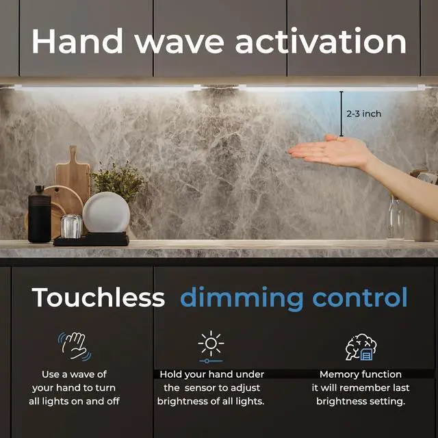Alt view image 2 of 7 - Hand Wave Activated Under Cabinet LED Lighting Kit, Dimmable, 12-Pack 12 in - Touchless Dimming Control, Black Under Counter Lights for Kitchen, Garage, Office, Desk - Cool White (6000K)