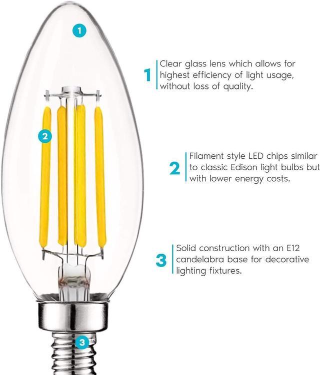 Alt view image 3 of 7 - Vintage Candelabra LED Bulb 60W Equivalent, 550 Lumens, 3000K Soft White, LED Chandelier Light Bulbs 5W, Dimmable, Clear Glass, Filament LED Candle Bulbs, UL Listed, E12 Base (12 Pack)